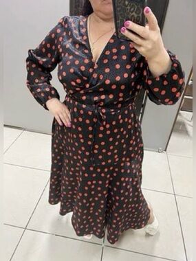 Black Retro Long Sleeve Hi-Low Wrap Midi Dress with Orange Polka Dots